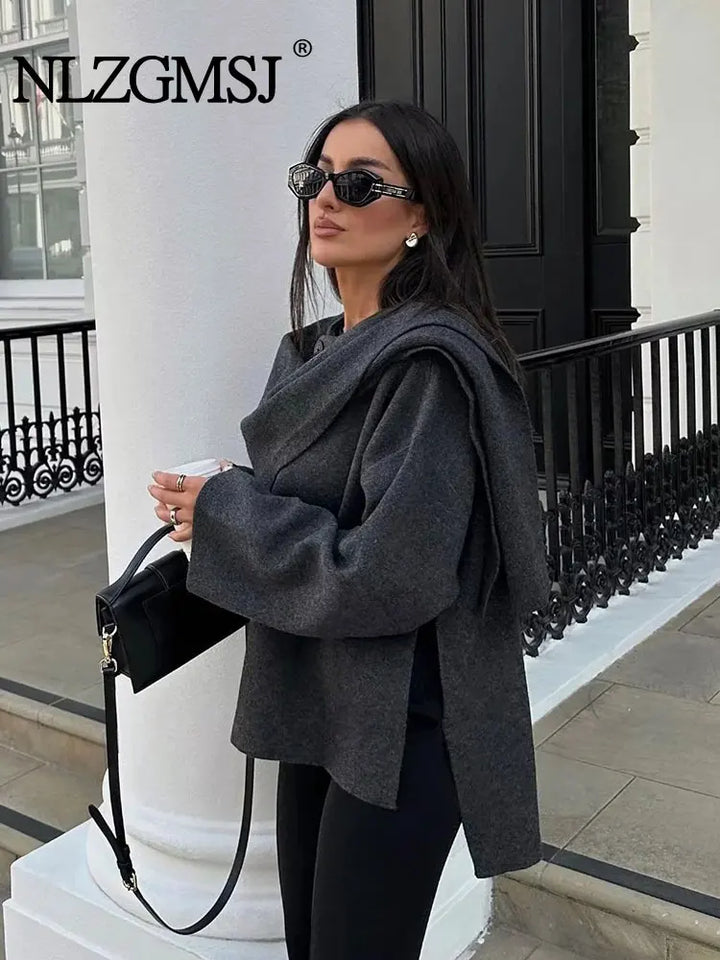 Winter Female Scarf Coat Long Sleeve Knitted Asymmetric Jackets For Women