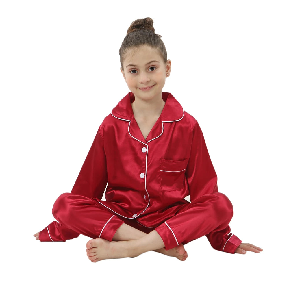 Girls Long Sleeve Satin Silk Pajamas Sets Children's Loungewear Turn Down Kids Clothes