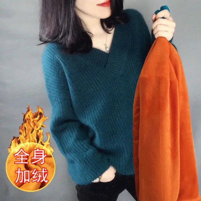 Ladies V-neck Pullover Knitted Autumn Winter Female New Solid Color Knit Coat