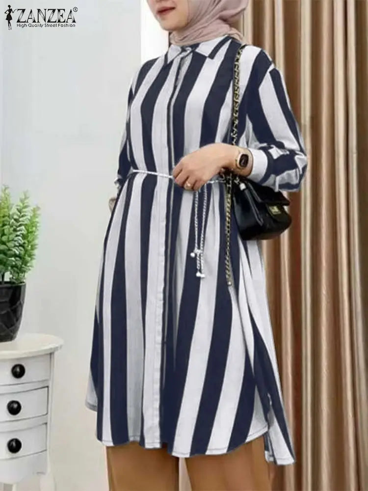 Muslim Blouse Women Stylish Long Shirts Long Sleeve Casual Striped Tops Turkey Abaya Kaftan Loose Busas Islamic Clothing