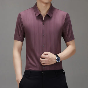 New Men's Shirt Luxury Designer Brand Ice Silk Breathable Business Casual Striped