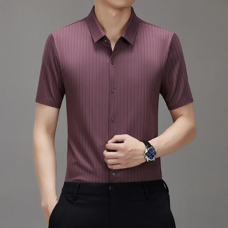 New Men's Shirt Luxury Designer Brand Ice Silk Breathable Business Casual Striped