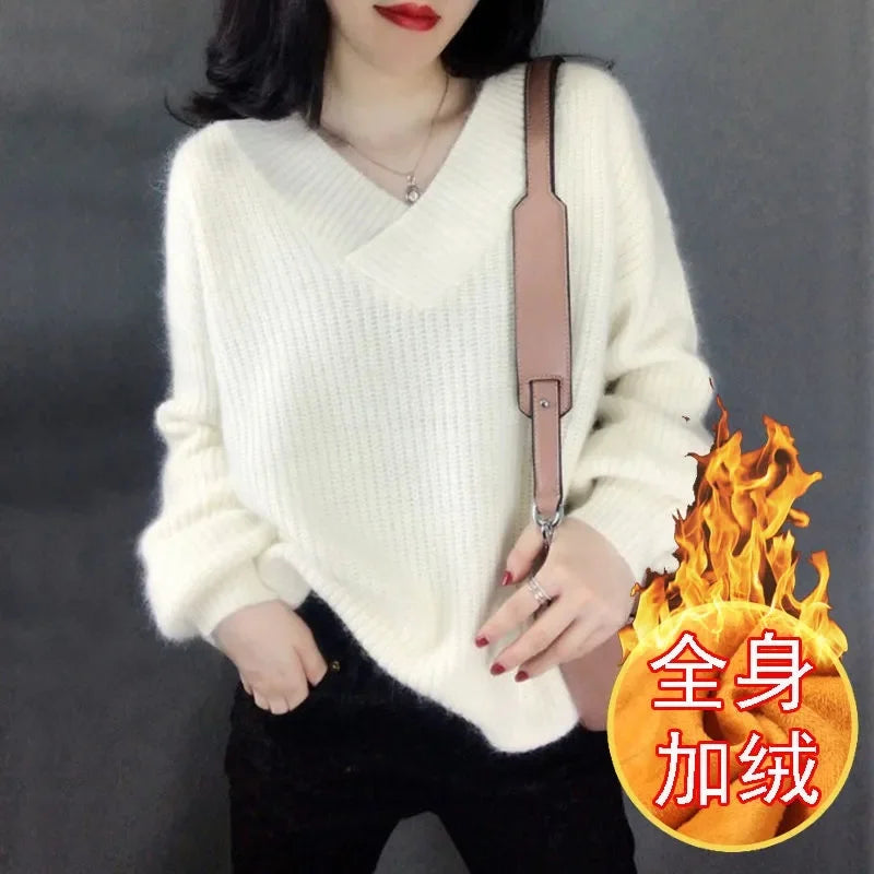 Ladies V-neck Pullover Knitted Autumn Winter Female New Solid Color Knit Coat