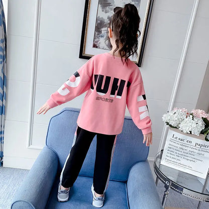 teens autumn winter Girls Teenager tracksuit sport letters sweatshirt t-shirt + sports striped pants