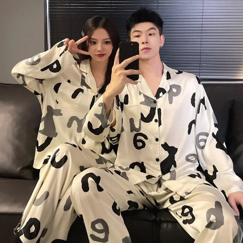 Fashion Design Pajamas Suit Women Men Ice Silk Long Sleeves Home Colth Couples Satin Thin Sleepwear Set Cool Summer Male Female