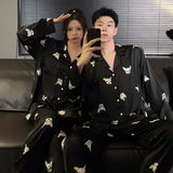Fashion Design Pajamas Suit Women Men Ice Silk Long Sleeves Home Colth Couples Satin Thin Sleepwear Set Cool Summer Male Female