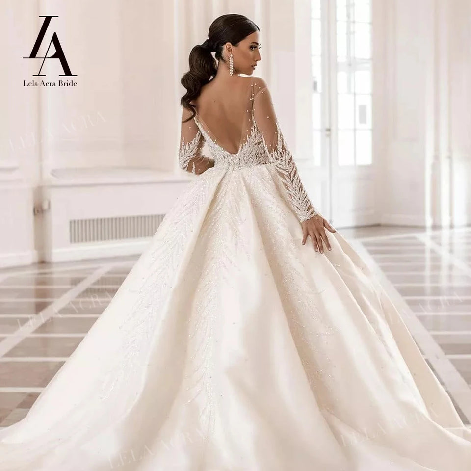 LelaAcra Long Sleeve Wedding Dress 2025 Sweetheart Beaded Backless A-Line Princess Bride Gown SM72 Plus Size Vestido de Noiva