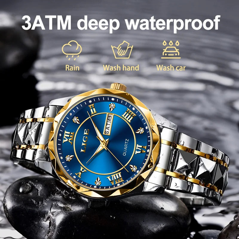 LIGE Luxury Quartz Men Watch Waterproof Luminous Date Week Man Watch Stainless Steel Business Wristwatches Male Clock Reloj+Box
