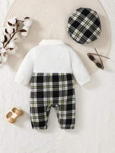 Newborn Literary Style Boy Baby Lapel False Strap Black Plaid Color