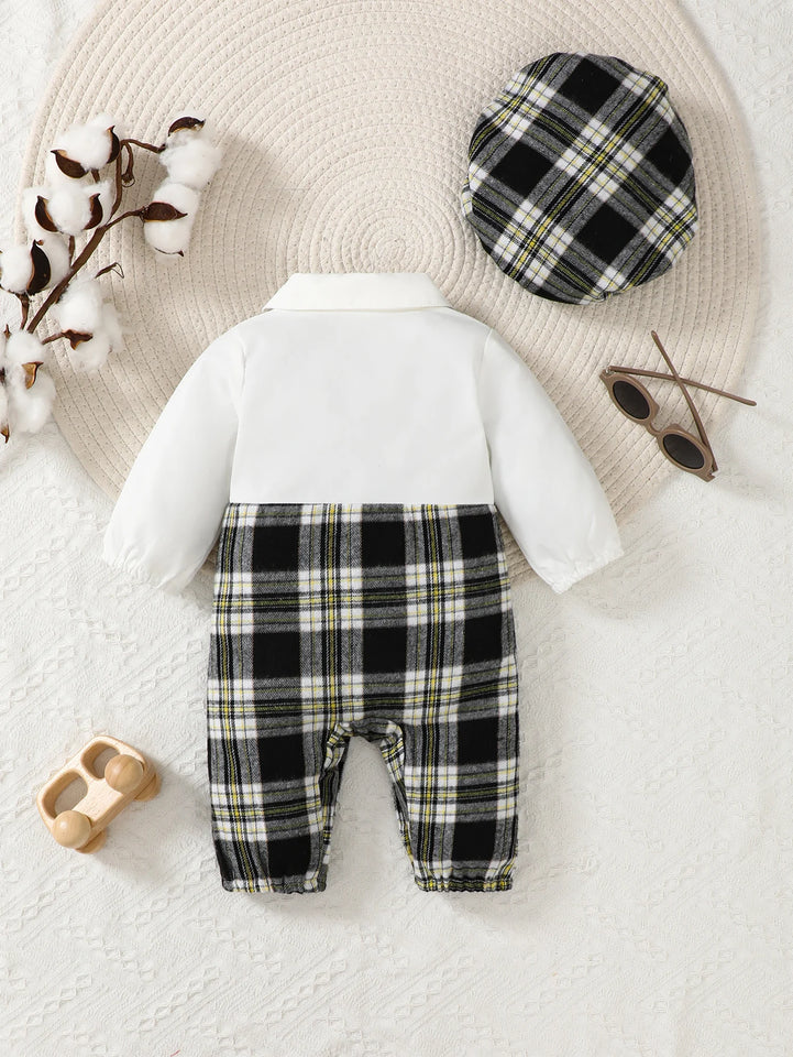 Newborn Literary Style Boy Baby Lapel False Strap Black Plaid Color