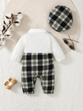 Newborn Literary Style Boy Baby Lapel False Strap Black Plaid Color