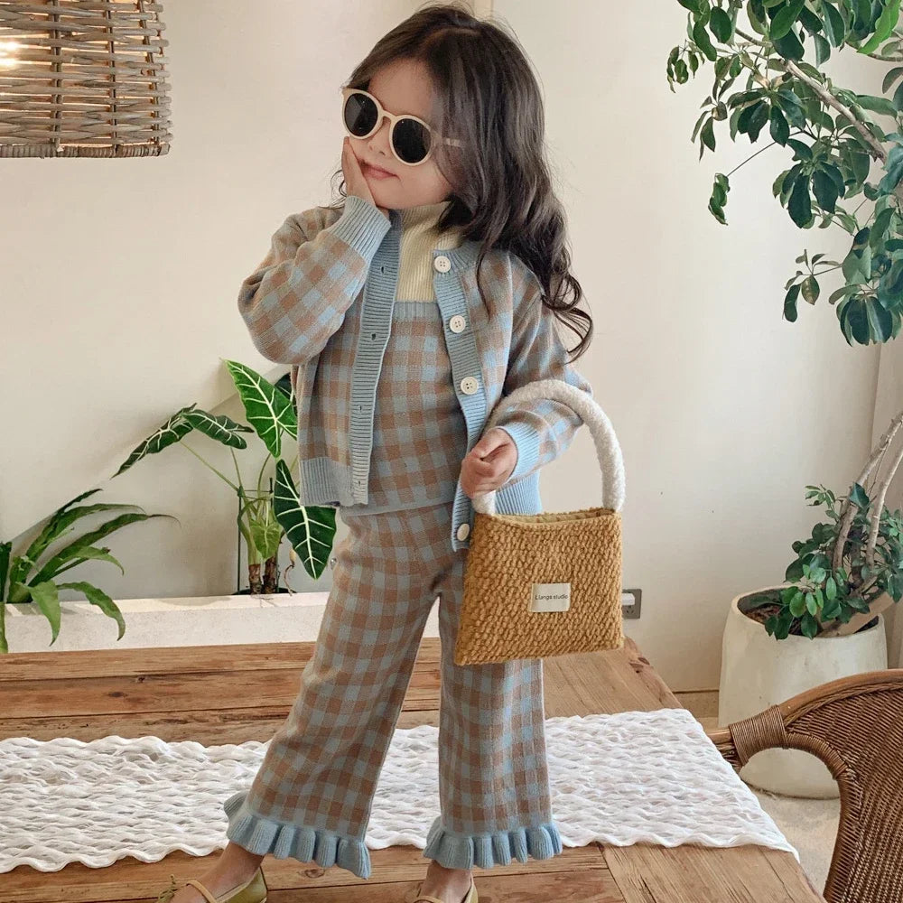 Children Clothing Set  Autumn New Fresh Plaid Girl's Knitted Set Sweater Cardigan +Vest+Pant Sweet Three Piece Suit