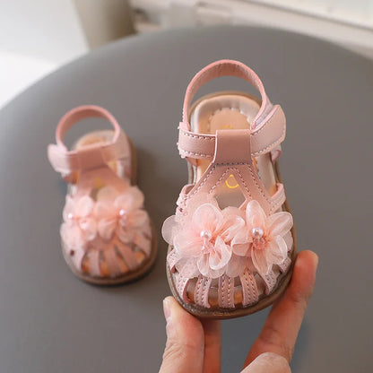 New Summer Kids Sandals Fashion Girls' Little Flower Princess Sandals Student Baby Soft Sole Flat Sandals Walking Shoes