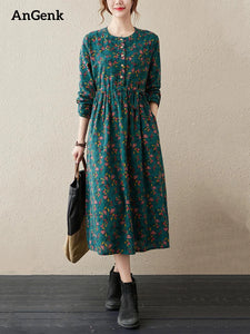 Long Sleeve Cotton Linen Vintage Floral Print Dresses For Women  Casual Dress Robe Femme Elegant Clothing