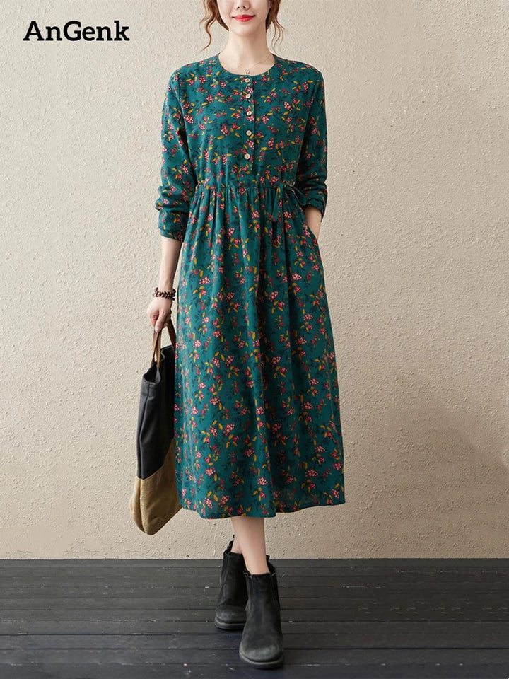 Long Sleeve Cotton Linen Vintage Floral Print Dresses For Women  Casual Dress Robe Femme Elegant Clothing
