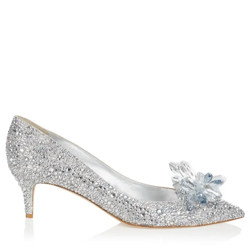 Red Crystal Covered Pointy Toe Pumps Luxury Rhinestone Cinderella Heels Wedding Shoes Bridal Stiletto Heel Women Shoes