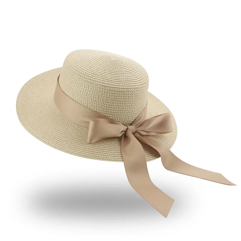 Summer Straw Hats for Women Flat Top Ribbon Bowknot Elegant Luxury  Hats