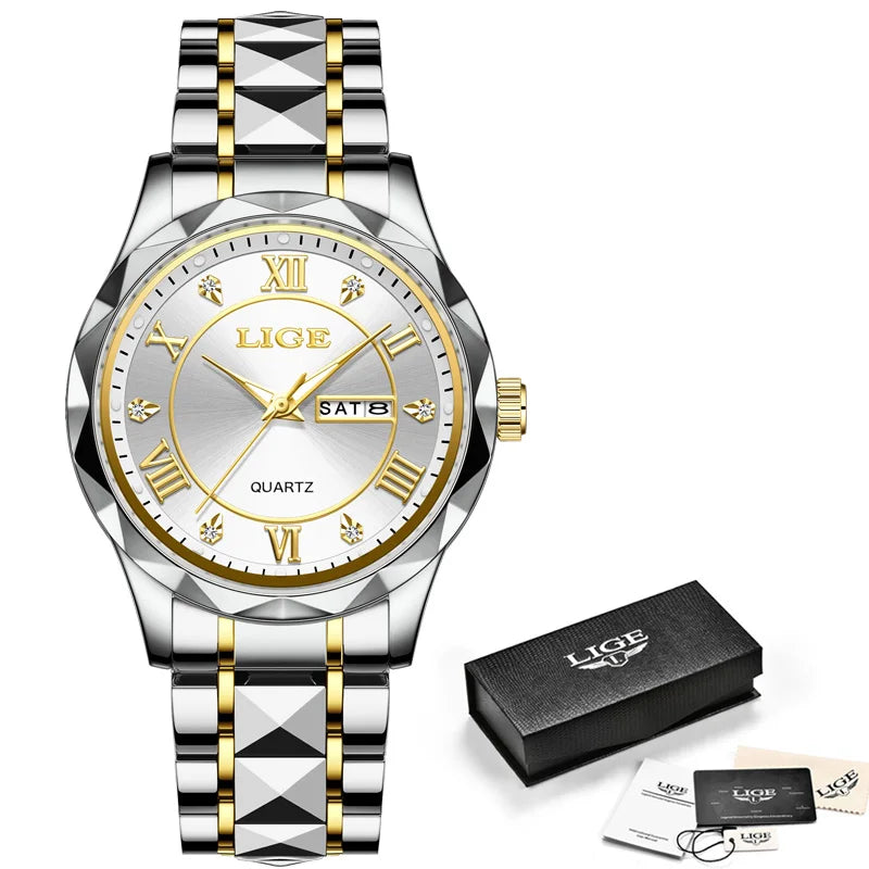 LIGE Luxury Quartz Men Watch Waterproof Luminous Date Week Man Watch Stainless Steel Business Wristwatches Male Clock Reloj+Box