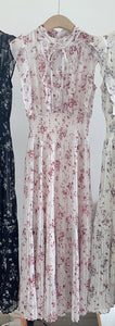 Kuzuwata Fresh Mid-length Print High Waist Robe New Gentle Literary Lace Up Pleated Slim Exquisite Mujer Japan New Elegant Dress