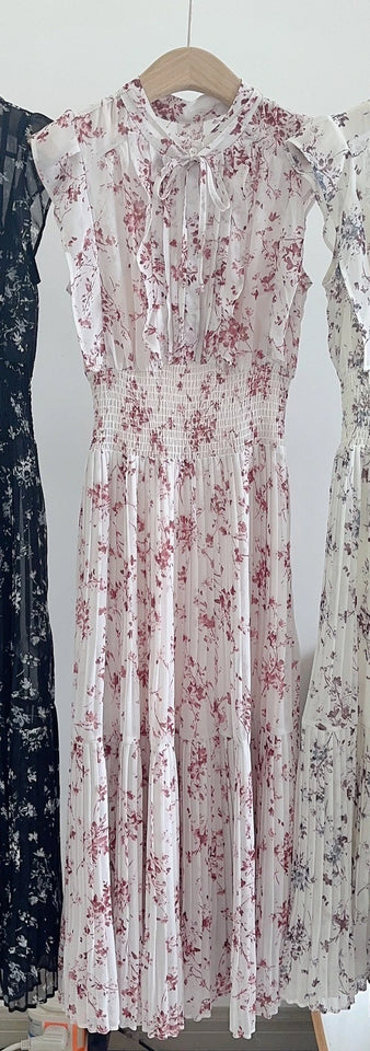 Kuzuwata Fresh Mid-length Print High Waist Robe New Gentle Literary Lace Up Pleated Slim Exquisite Mujer Japan New Elegant Dress