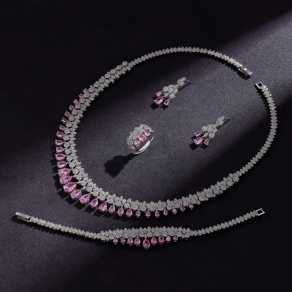 Luxury White Cubic Zirconia Bridal Jewelry Set Brides Accessories Tassel Water Drop Necklace Earring 4pcs Set for Wedding Party