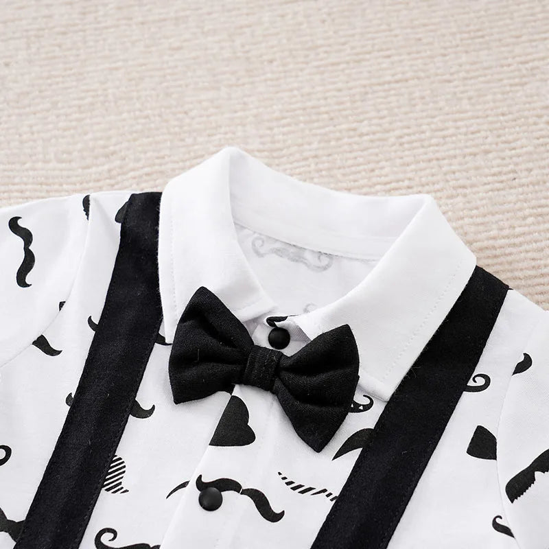 Boys Cartoon Printed Clothes Short Sleeve Bow Tie Romper  Moustache Cotton Baby Gentleman