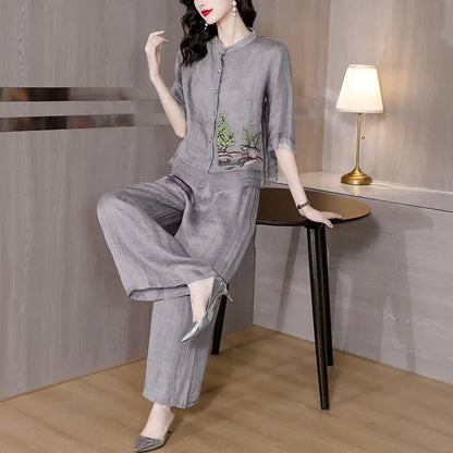 Grey Summer Art Embroidery Wide Leg Pants Casual Fashion