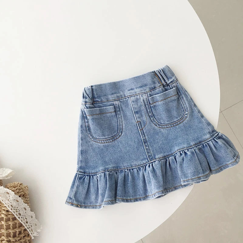 Children Girls Seersucker Short-sleeved T-shirt + Denim Skirt Summer Ruffled Fishtail Jean Skirt 2 Pcs Clothing Sets