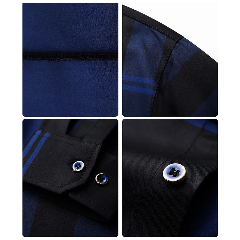 Luxurious Men's Long Sleeve Striped Shirt New Spring Autumn Ice Silk Business Top Wrinkle-resistant Non-iron Solid Men Clothing