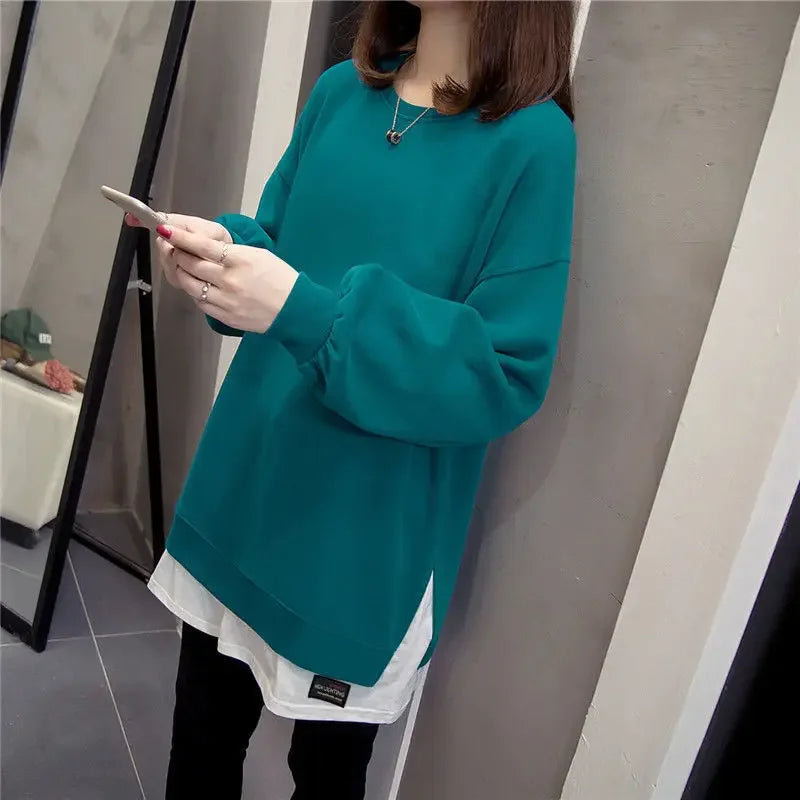 Plus Size Two-Piece Illusion Sweatshirt Women's Medium-Length Casual