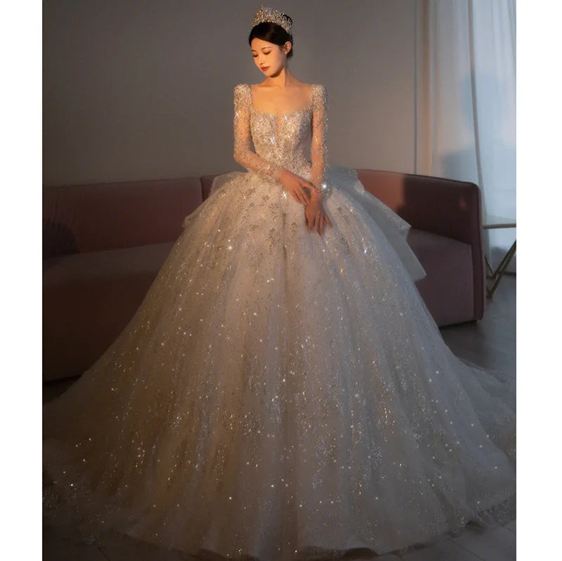 Long Sleeve Beading Wedding Dress Sexy See Through Square Collar Luxury Sweep