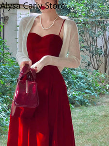 French Vintage Strap Dress Women Red Elegent Korean Party Midi Dress Female