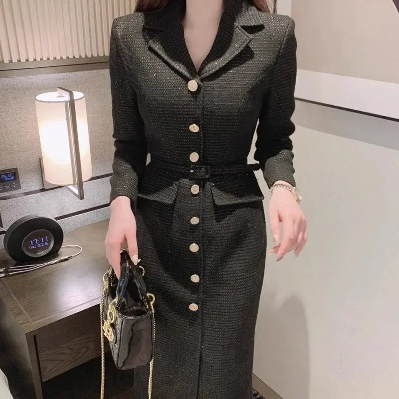 Tweed Midi Dress Metal Button Single Breasted Belt Slim Vestidos Fall Winter Solid Retro Robe