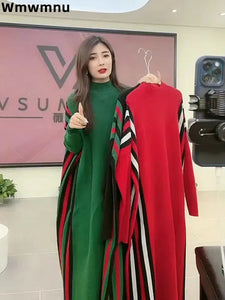 Casual Strip Knitwear Loose Midi Dresses  Elegant Half Turtleneck Knitted Dress Sweater