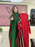 Casual Strip Knitwear Loose Midi Dresses  Elegant Half Turtleneck Knitted Dress Sweater