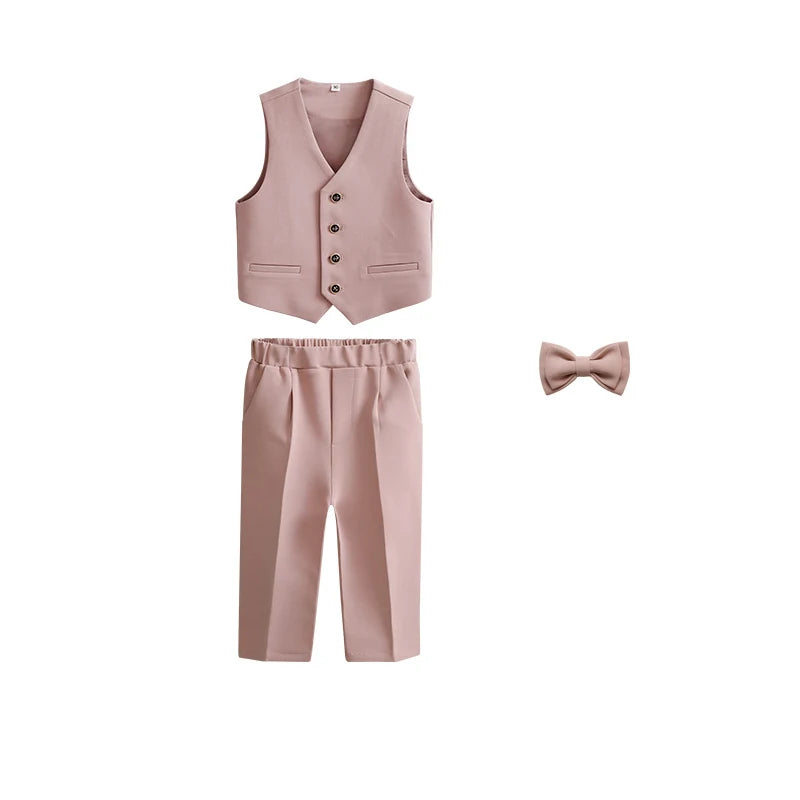 Boys Spring Autumn Formal Pink Suit Children Kids Blazer Pants Bowtie Outfit