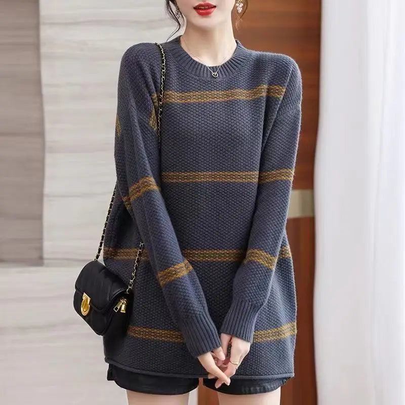 Women's Sweater Autumn Winter New Loose Striped Round Neck Knitted Sweater