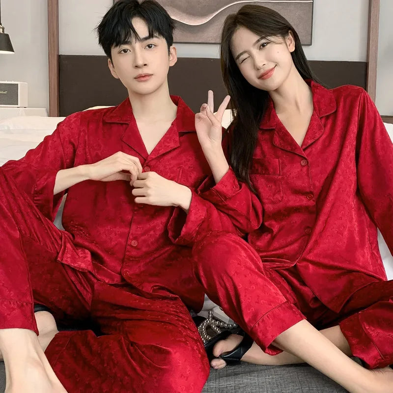 Couple's Newlywed Pajamas Set Women Long Sleeves Shirt&Pants Home Wear Men's Silky Satin Sleepwear Bride Groom's Red Nightwear