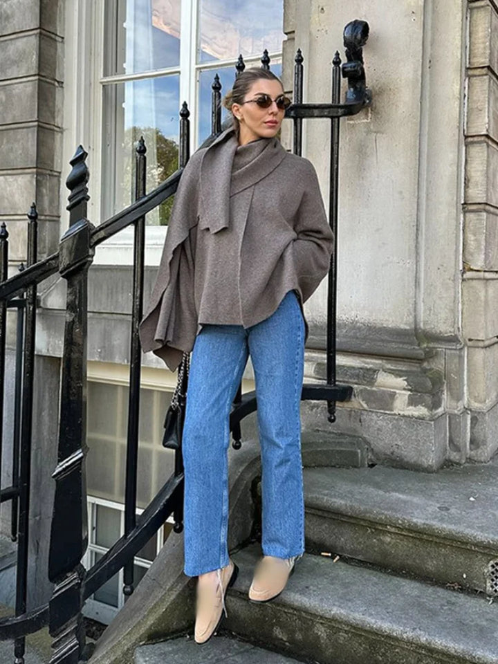 Elegant Asymmetric Scarf Women's Cape Knitted Jacket Fashion Solid Long Sleeved Short Woolen Coat Lady