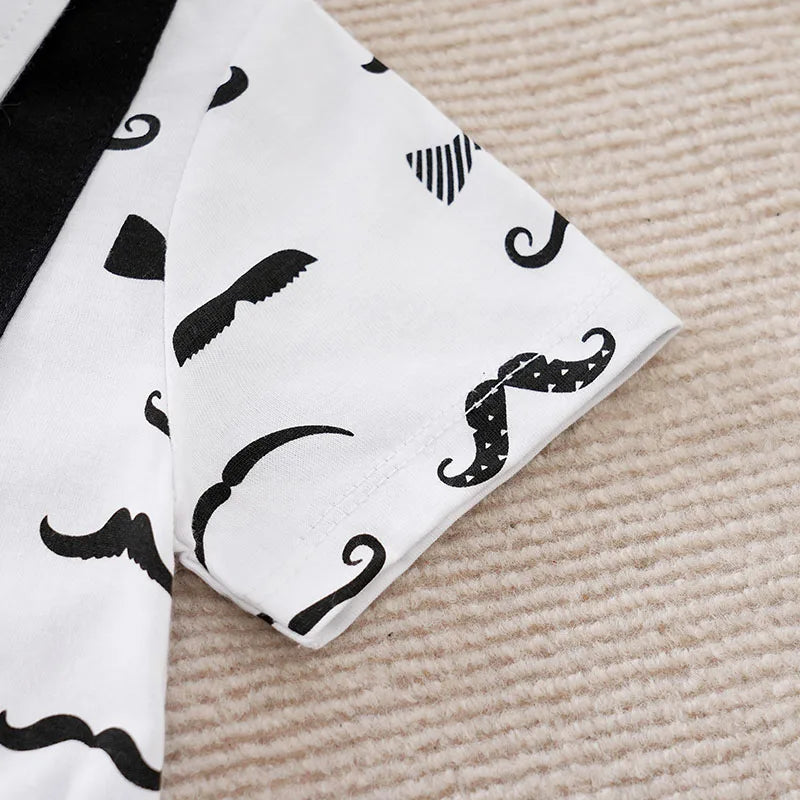 Boys Cartoon Printed Clothes Short Sleeve Bow Tie Romper  Moustache Cotton Baby Gentleman