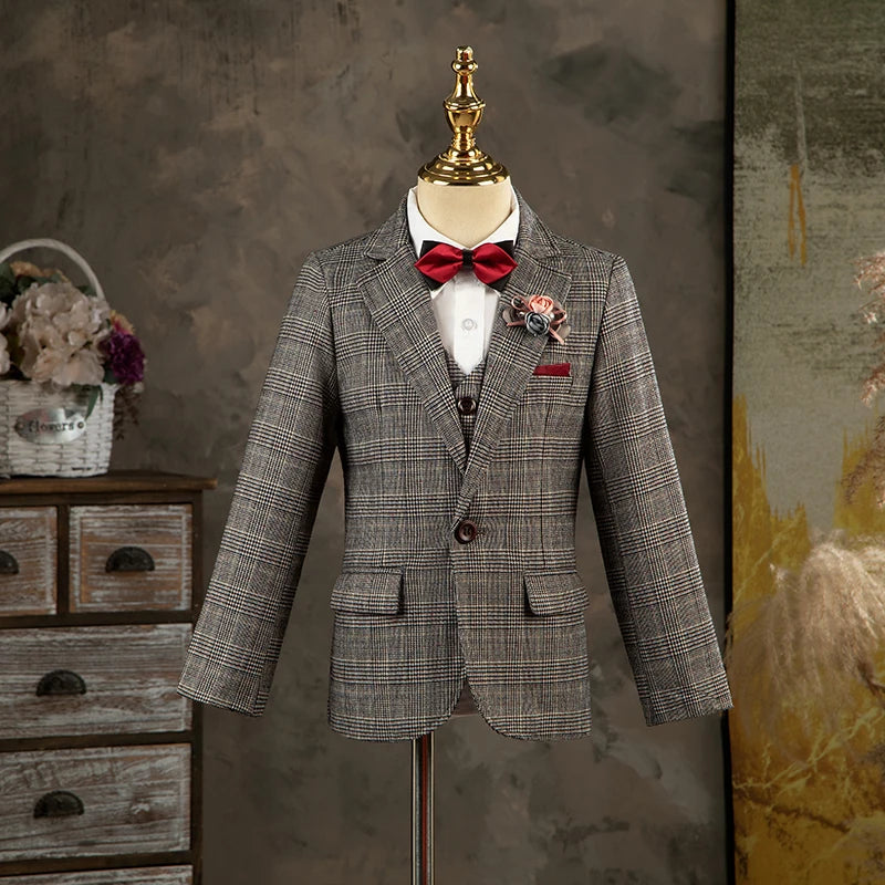 Children's Formal Classic Palid Suit Set Boy Gentleman Catwalk Birthday Host Piano Performance Costume Kids Jacket Vest Pants