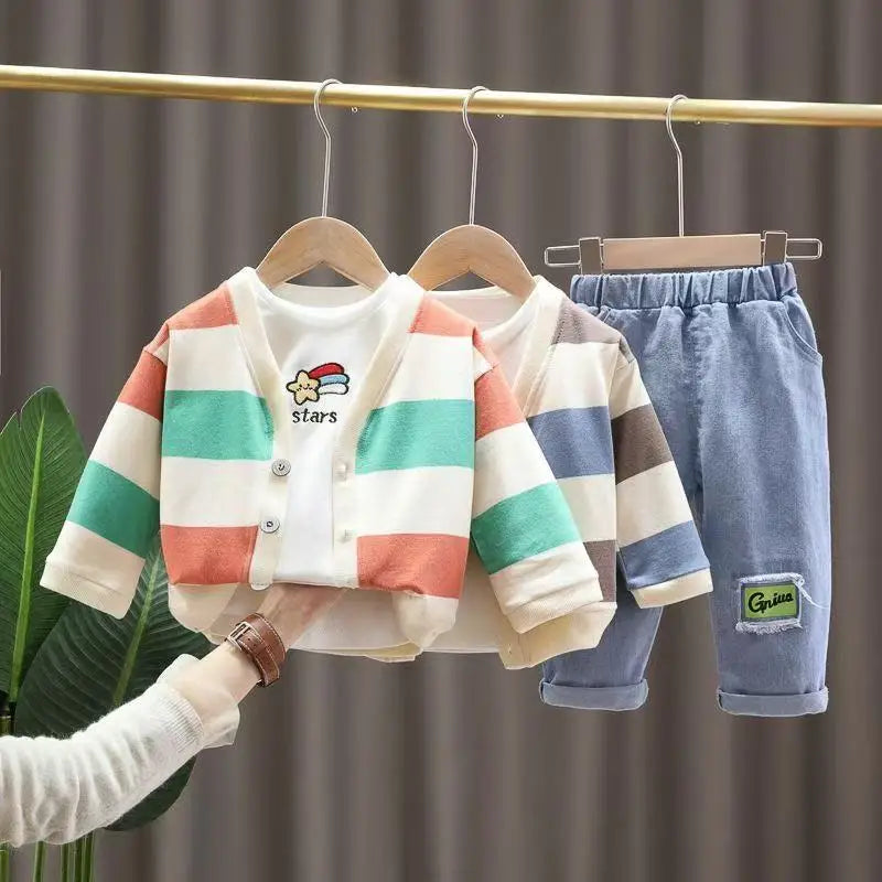 Fashion Children Boy Clothing Outfits Set High Quality Striped Coat + T Shirt + Jeans Pants 3PCS Boys Kids Clothes 1 2 3 4 Years