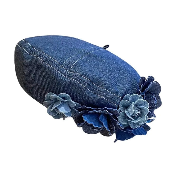 Ladies New Denim Beret Hats Flower Cowboy Vintage Luxury Hat