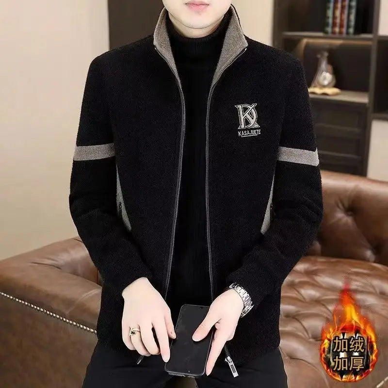 Men's Clothing Winter high quality Mink Jacket Handsome Collar Woolen Coat fleece-lined Thickened Jacket