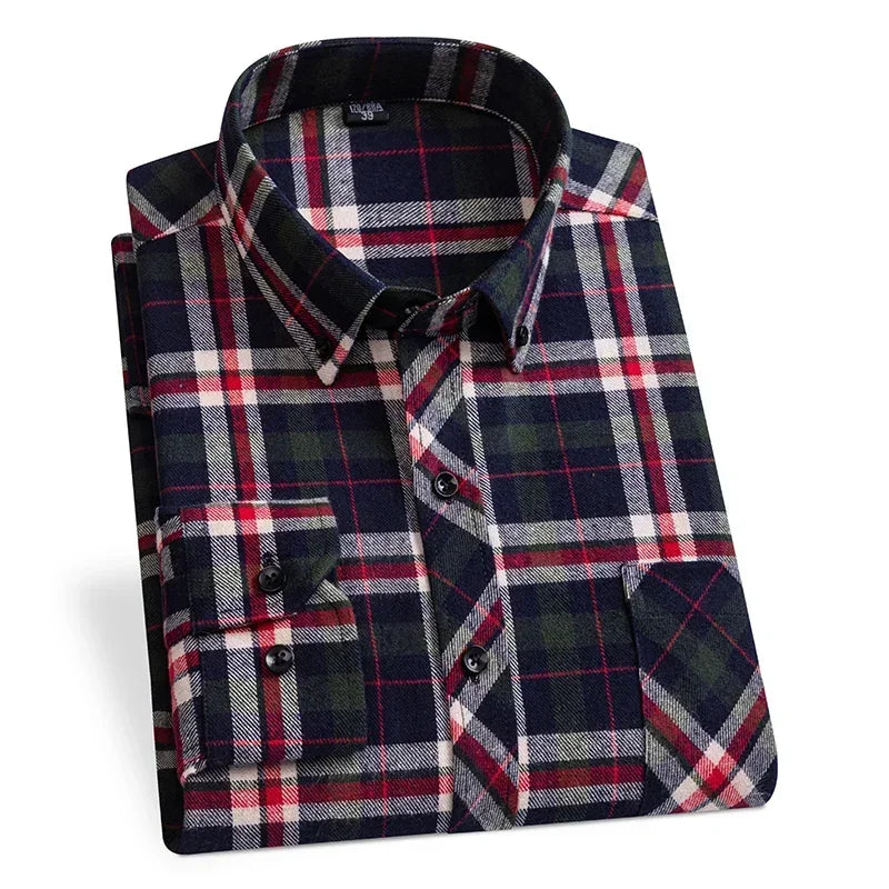 Cotton Flannel Plaid Shirts Men Regular Fit