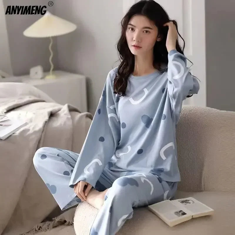 M-5XL Big Size Autumn Spring Pajamas Set for Women Kawaii Printing Sleepwear for Girl