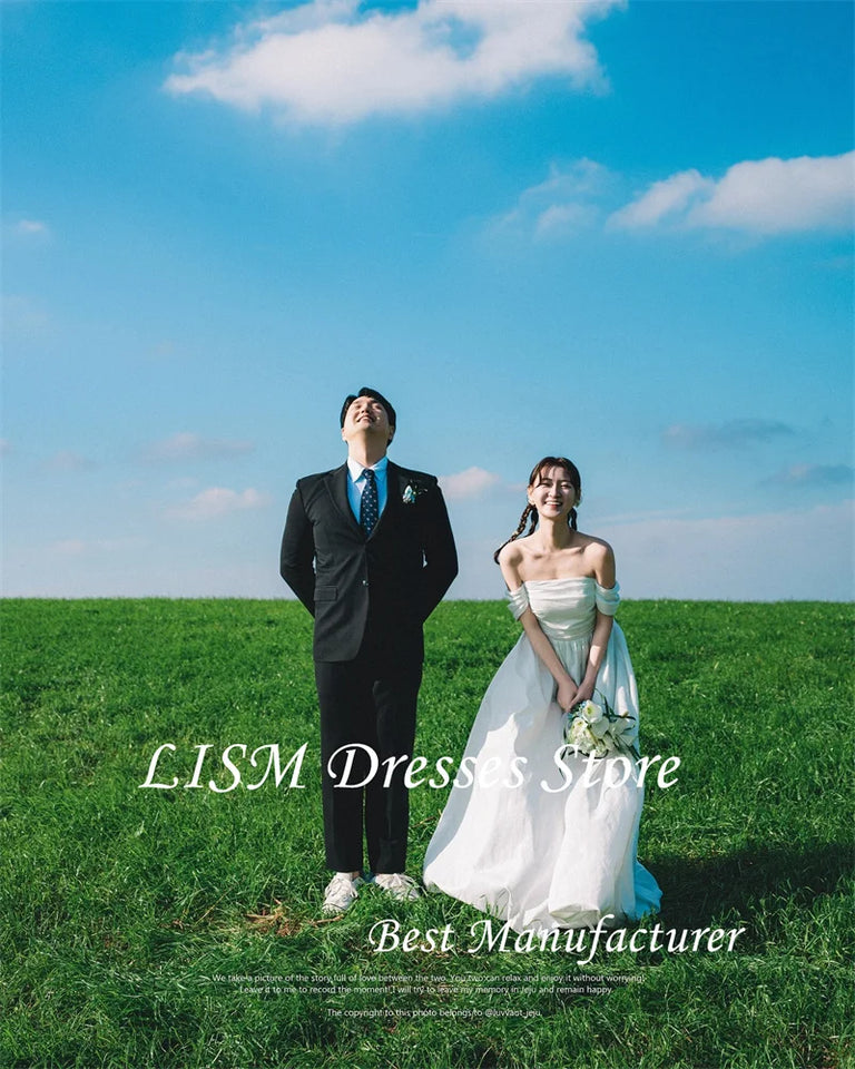 LISM 2025 Off Shoulder A Line Taffeta Wedding Dresses Korea Photo shoot Pleats Country Bridal Gowns Corset Back Customized