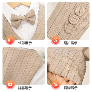 Boys Spring Summer Khaki Striped Suit Set Baby Child Birthday Party Wedding Photography Costume Kids Blazer Vest Pants Clothes