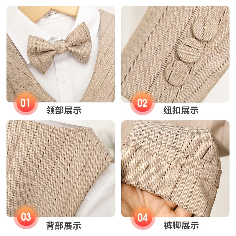 Boys Spring Summer Khaki Striped Suit Set Baby Child Birthday Party Wedding Photography Costume Kids Blazer Vest Pants Clothes