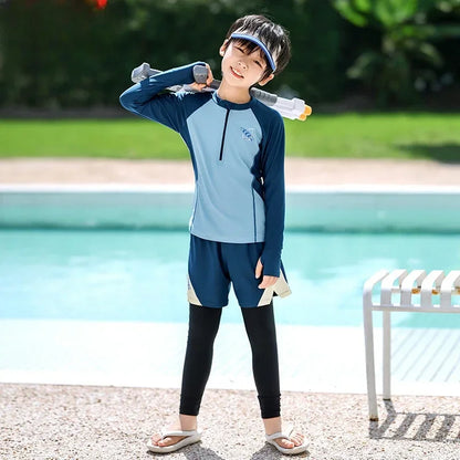 Kids Boys 3Pcs Swimsuit Rash Guard Set Long Sleeve Zipper Top Pants Shorts Swimwear